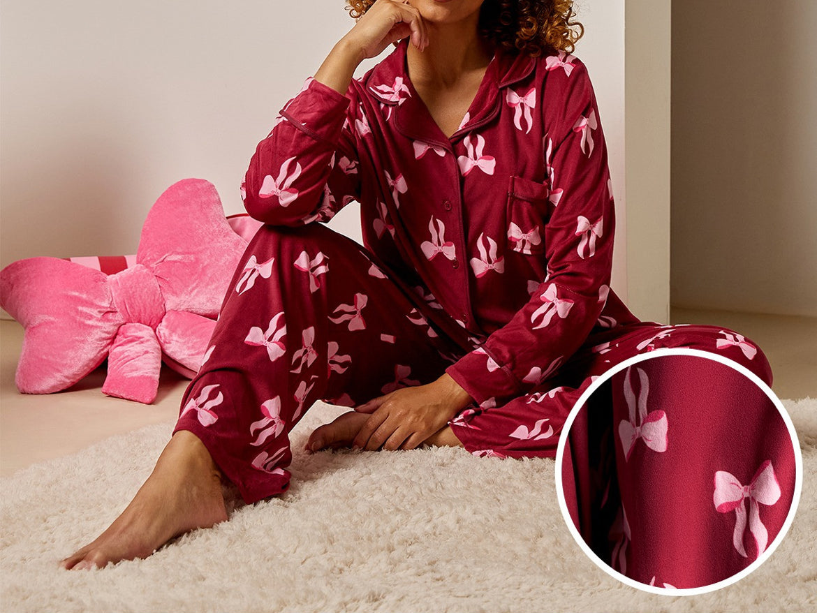Pink Bow Button Through Pyjama Set - Burgundy