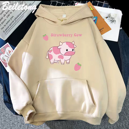 Plus Size Women Cow & Strawberry Hoodie