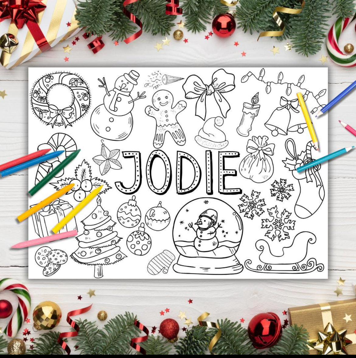 Personalised Christmas Colouring Place Mats With Colouring Pencils