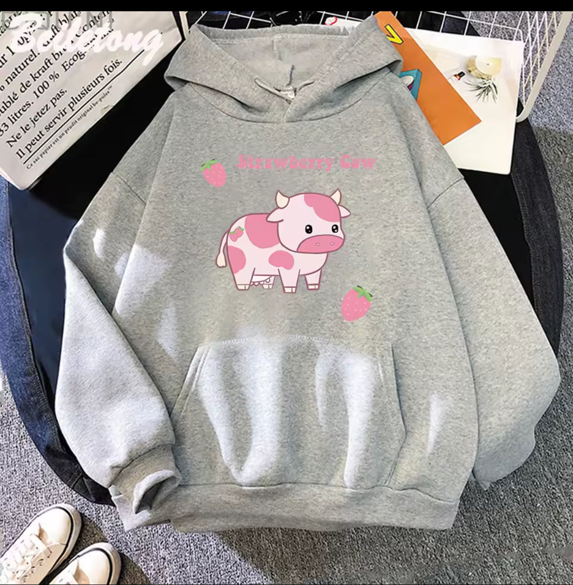 Plus Size Women Cow & Strawberry Hoodie