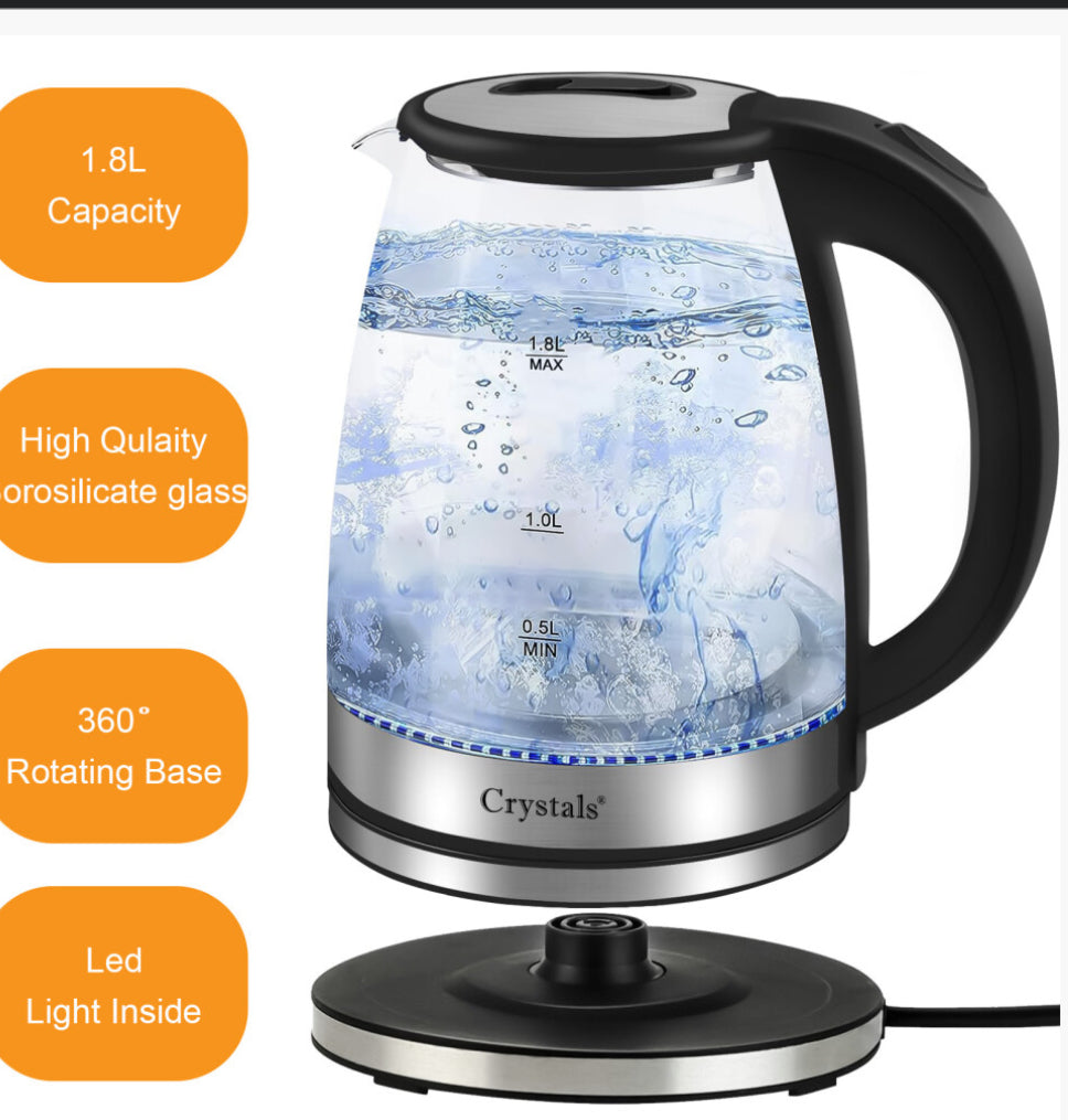 1.8L Electric Kettle Glass 360 Blue LED Illuminated Portable Jug 1500W