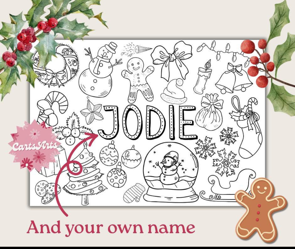 Personalised Christmas Colouring Place Mats With Colouring Pencils