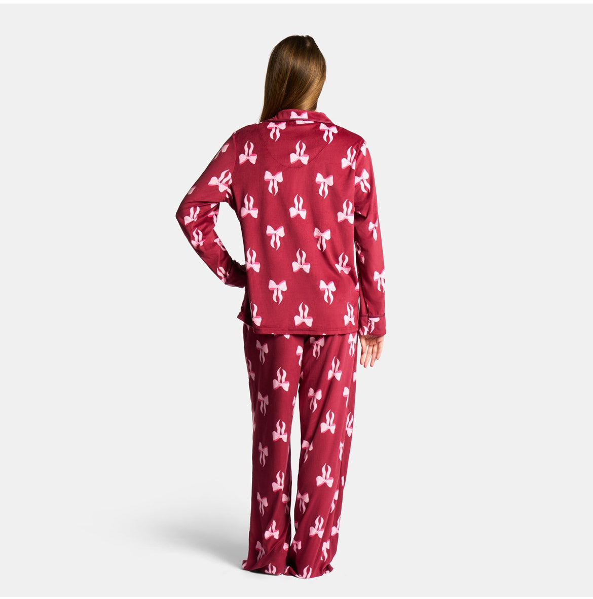 Pink Bow Button Through Pyjama Set - Burgundy