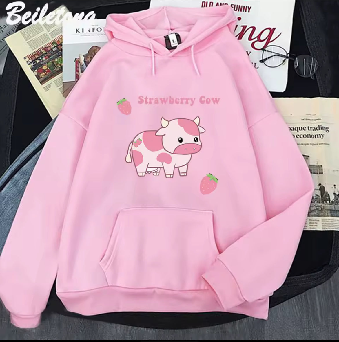 Plus Size Women Cow & Strawberry Hoodie