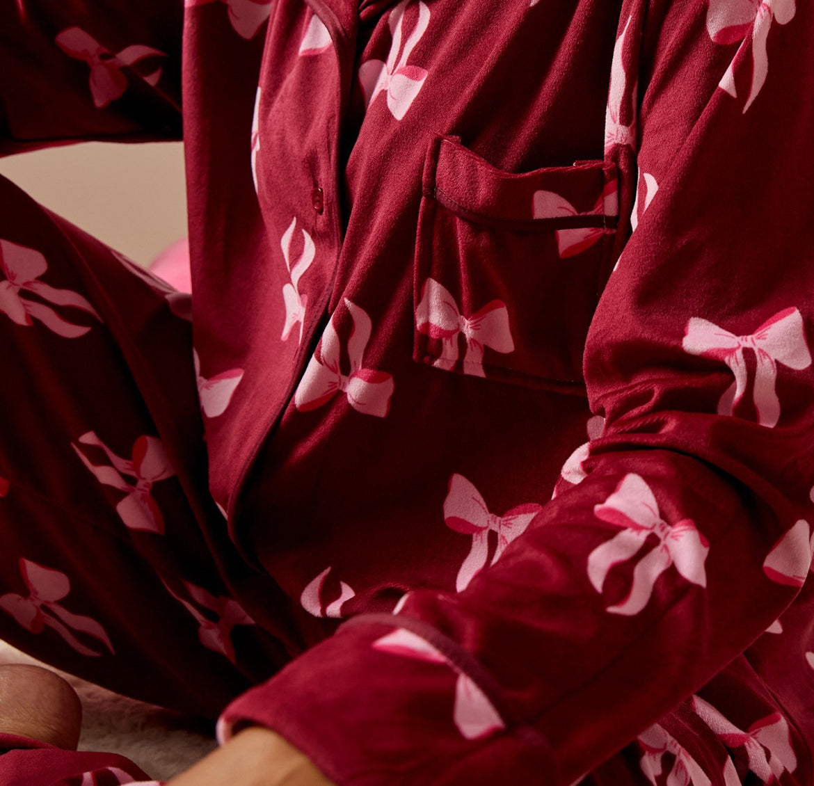 Pink Bow Button Through Pyjama Set - Burgundy