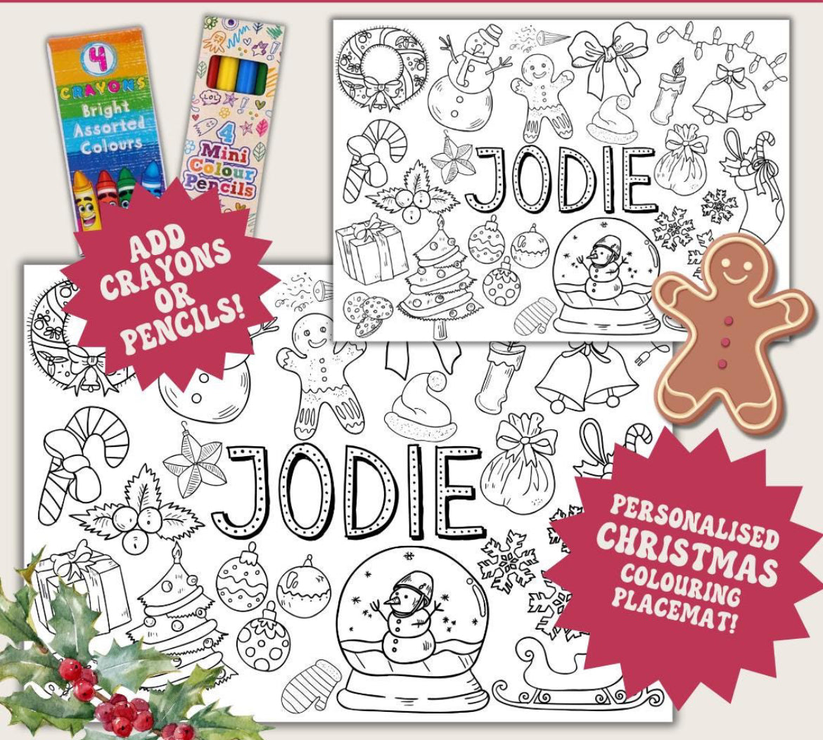 Personalised Christmas Colouring Place Mats With Colouring Pencils