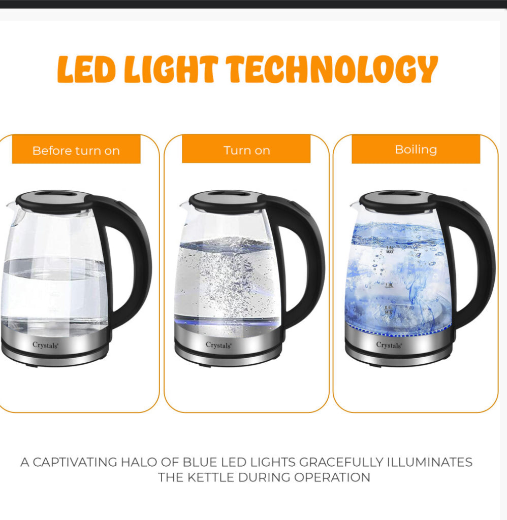 1.8L Electric Kettle Glass 360 Blue LED Illuminated Portable Jug 1500W