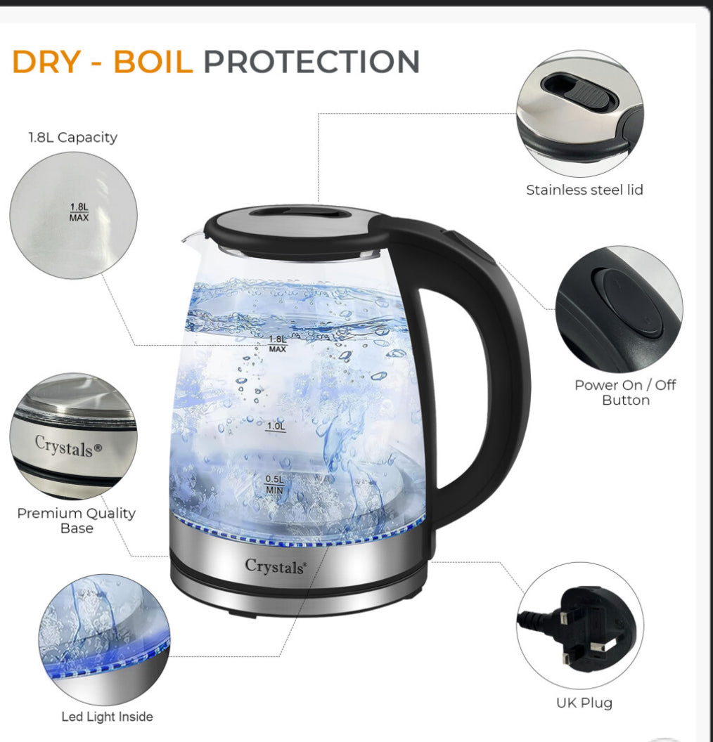 1.8L Electric Kettle Glass 360 Blue LED Illuminated Portable Jug 1500W